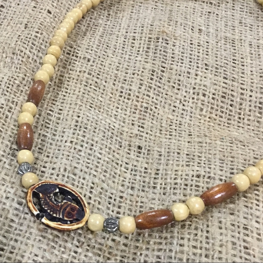 Handmade brown beaded wood boho western necklace